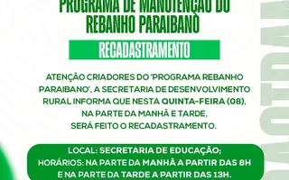 Recadastramento do Programa Rebanho Paraibano nesta quinta-feira (08)