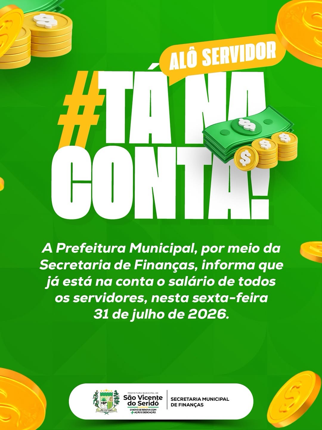 Pagamento dos salários dos servidores municipais é realizado em dia