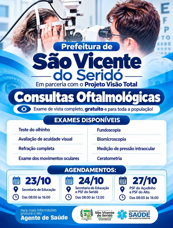 Prefeitura de São Vicente do Seridó oferece consultas oftalmológicas gratuitas