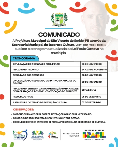 Cronograma atualizado e Modelo de Recurso, referentes à Lei Paulo Gustavo